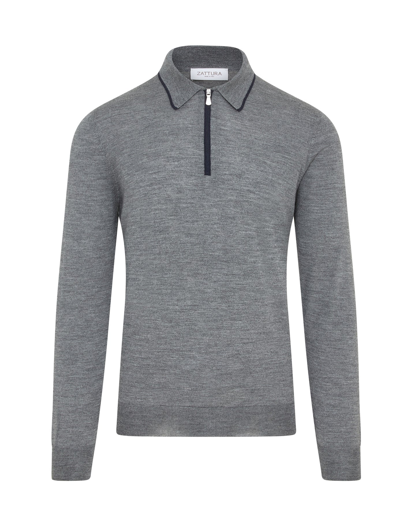 Long Sleeve Silk/Wool Contrast Zip Polo (Grey Marl)