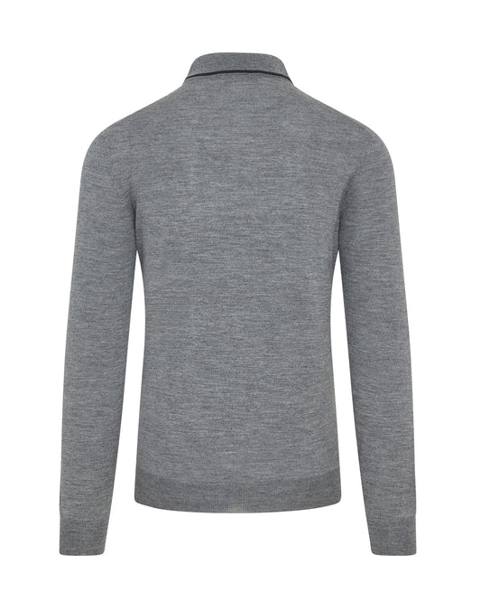 Long Sleeve Silk/Wool Contrast Zip Polo (Grey Marl)