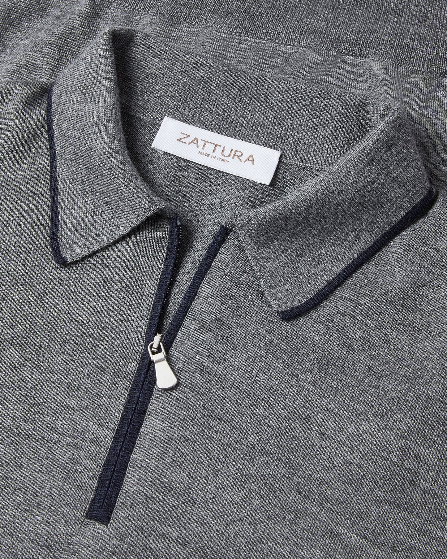 Long Sleeve Silk/Wool Contrast Zip Polo (Grey Marl)