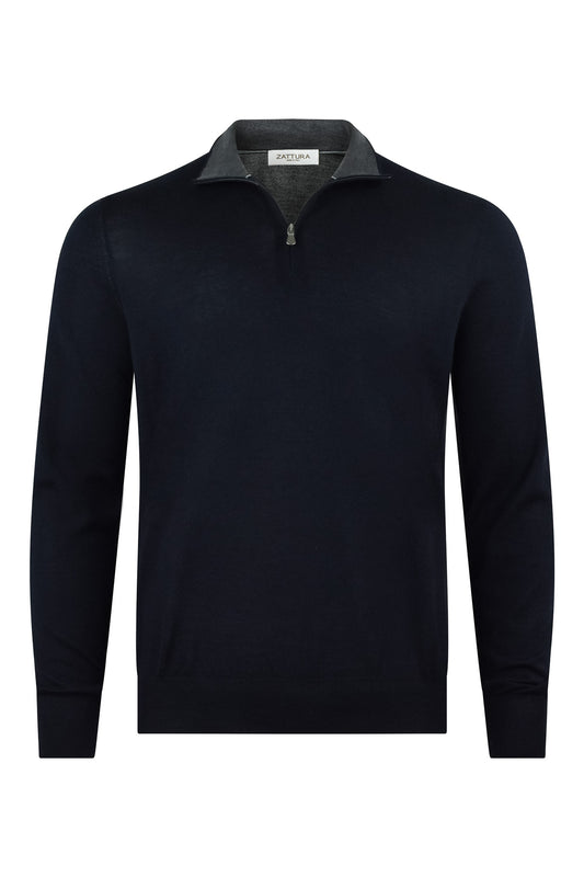 Zattura Superfine Loro Piana Merino Wool Quarter Zip Jumper (Navy)
