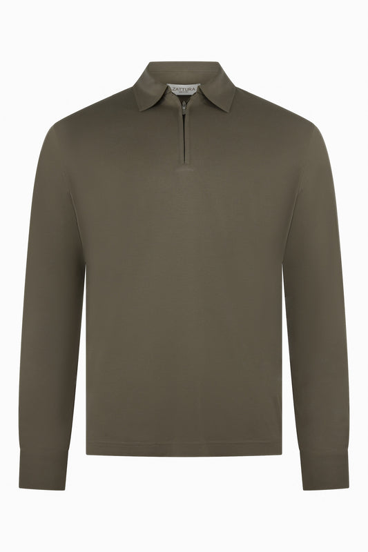 Zattura Supima Cotton Long Sleeve Zip Polo (Taupe)