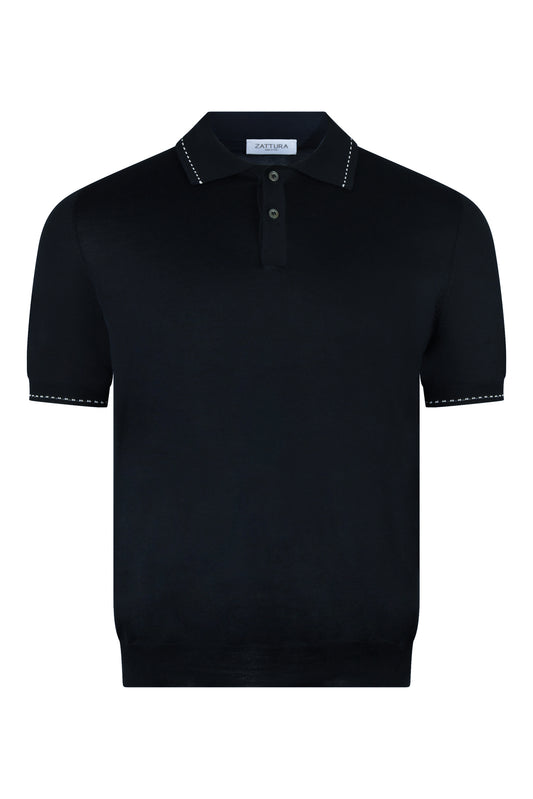 Zattura Silk Mix Two Button Stitch Collar Polo (Navy)