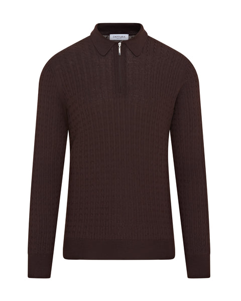 Cable Knit Zip Polo Shirt (Brown)