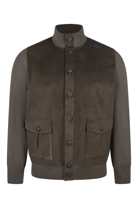Brown suede jacket with button details on a white background