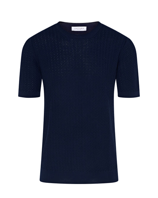 Short Sleeve Crew Neck Textured Knit T-shirt (Navy)