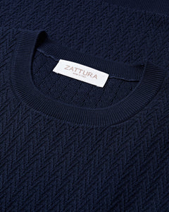 Short Sleeve Crew Neck Textured Knit T-shirt (Navy)