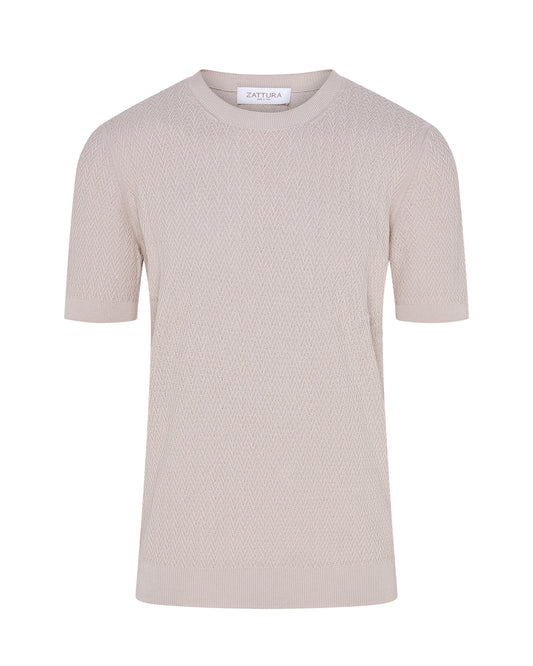 Short Sleeve Crew Neck Textured Knit T-shirt (Beige)