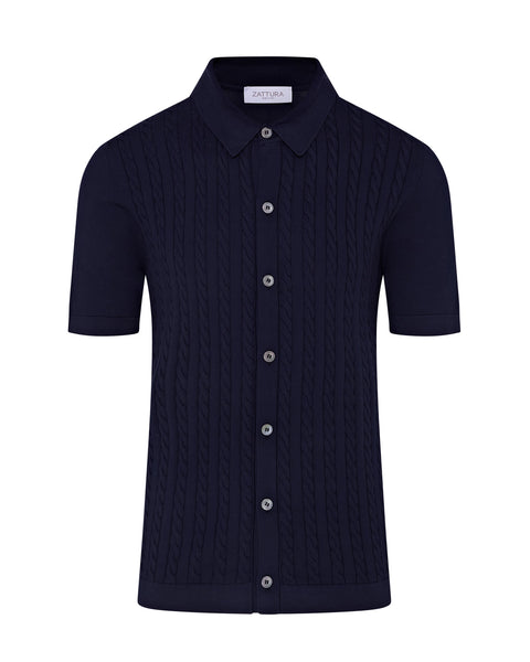 Short Sleeve Cable Knit Shirt (Navy)