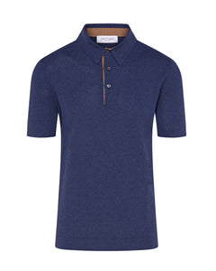 Knitted Short Sleeve Contrast Lined Button Polo (Neutro Blue)