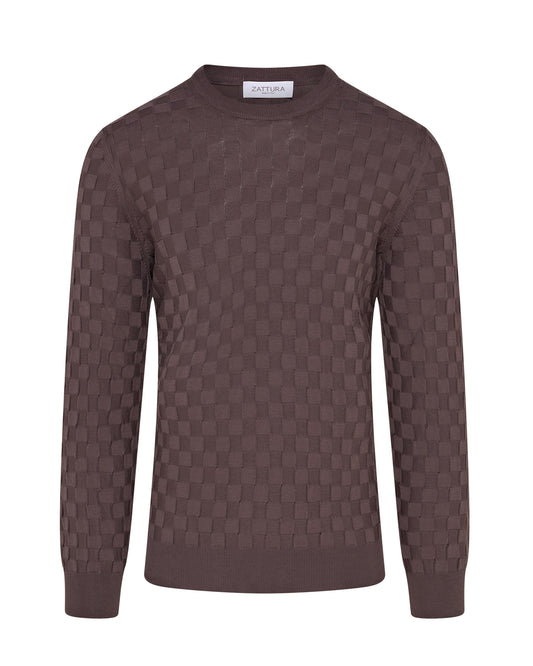 Long Sleeve Check Knit Jumper (Brown)