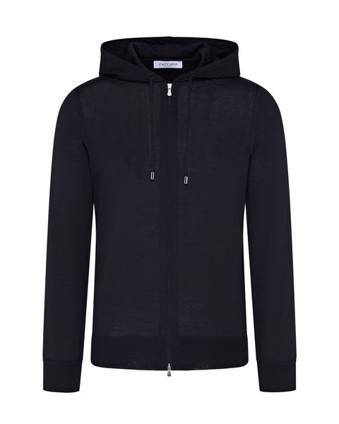 Extra Fine Full Zip Knitted Hoodie (Black)