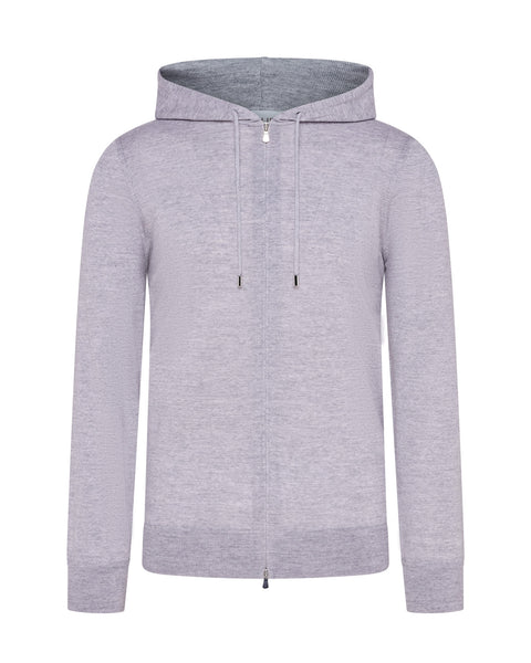 Extra Fine Full Zip Knitted Hoodie (Grey Marl)