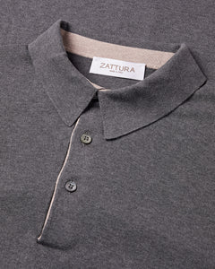 Knitted Short Sleeve Contrast Lined Button Polo (Gunmetal Grey)