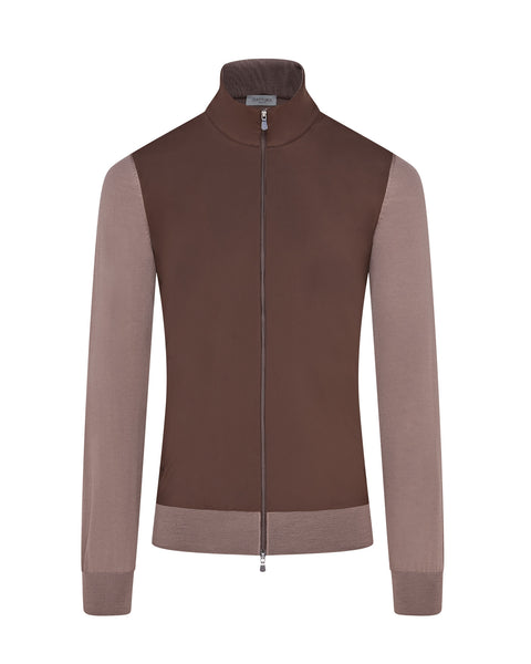 Tech & Knitted Full Zip Lightweight Jacket (Brown)
