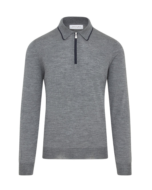 Long Sleeve Silk/Wool Contrast Zip Polo (Grey Marl)