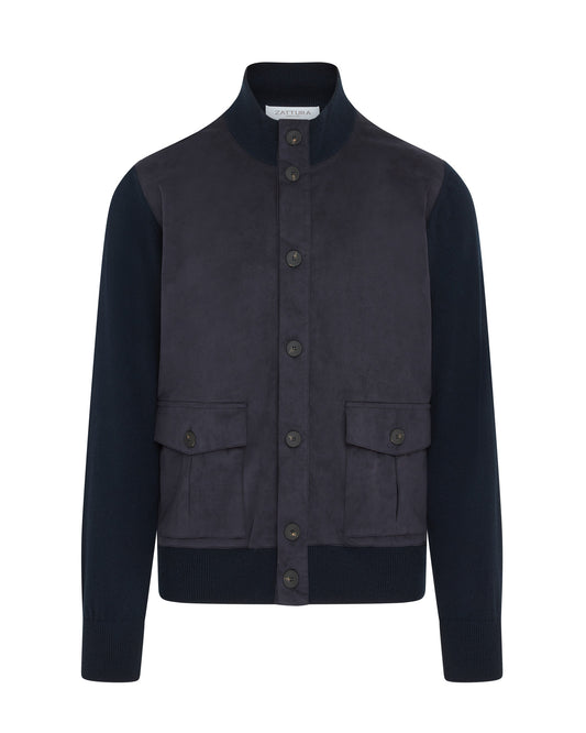 Button Alcantara & Knitted Bomber Jacket (Navy)